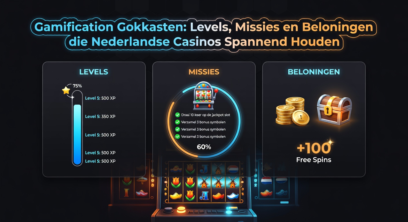 Speler bereikt een nieuw level in een gamified gokkast bij een Nederlands online casino, met levels en beloningen zichtbaar op het scherm