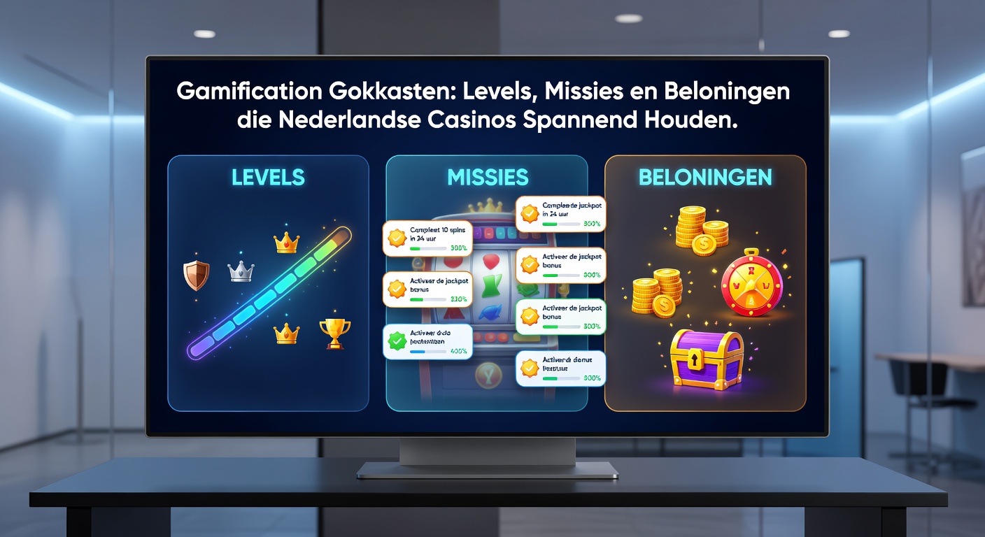 Gamification interface met missies, levels en beloningschest in een Nederlands casino slot, inclusief progress bar en rewards preview