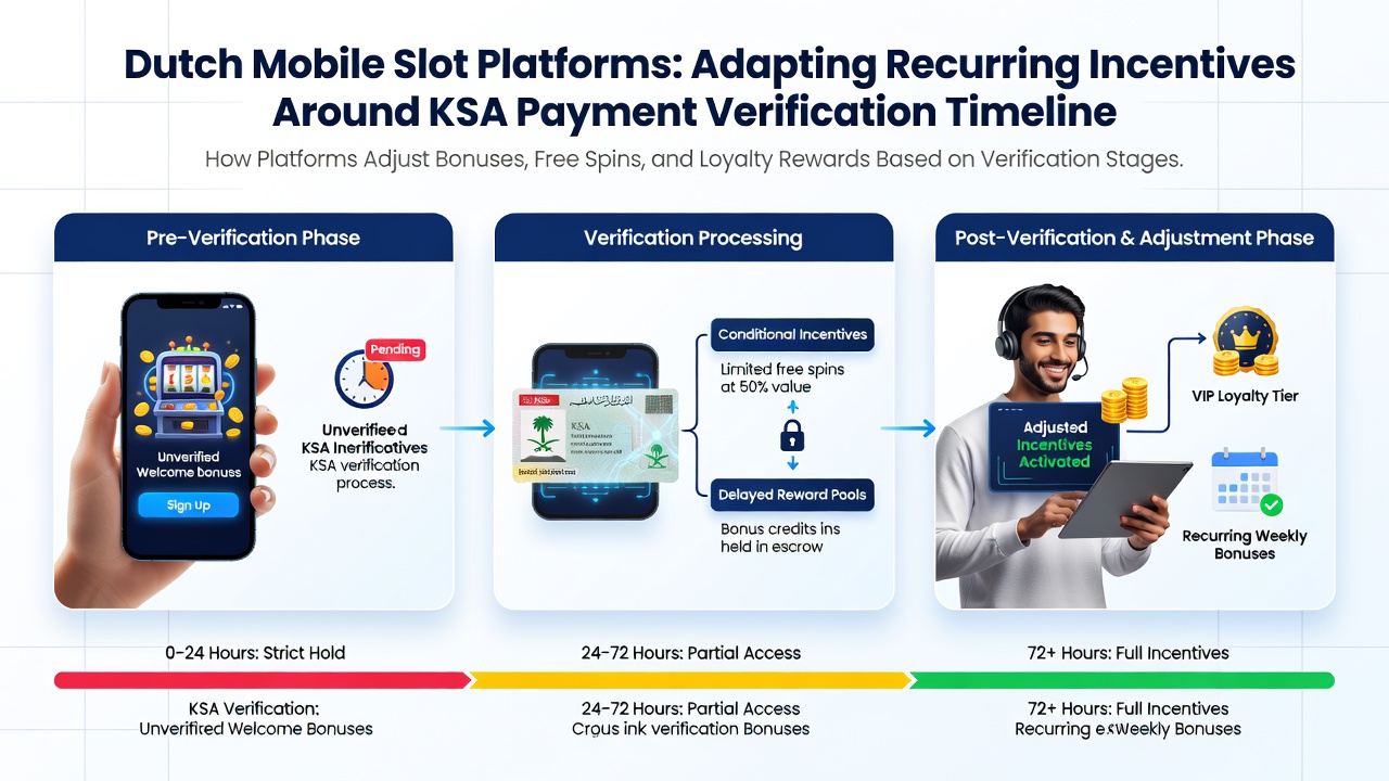 Dashboard van een mobiel gokkastenplatform met tijdlijn van verificaties en bonusaanpassingen
