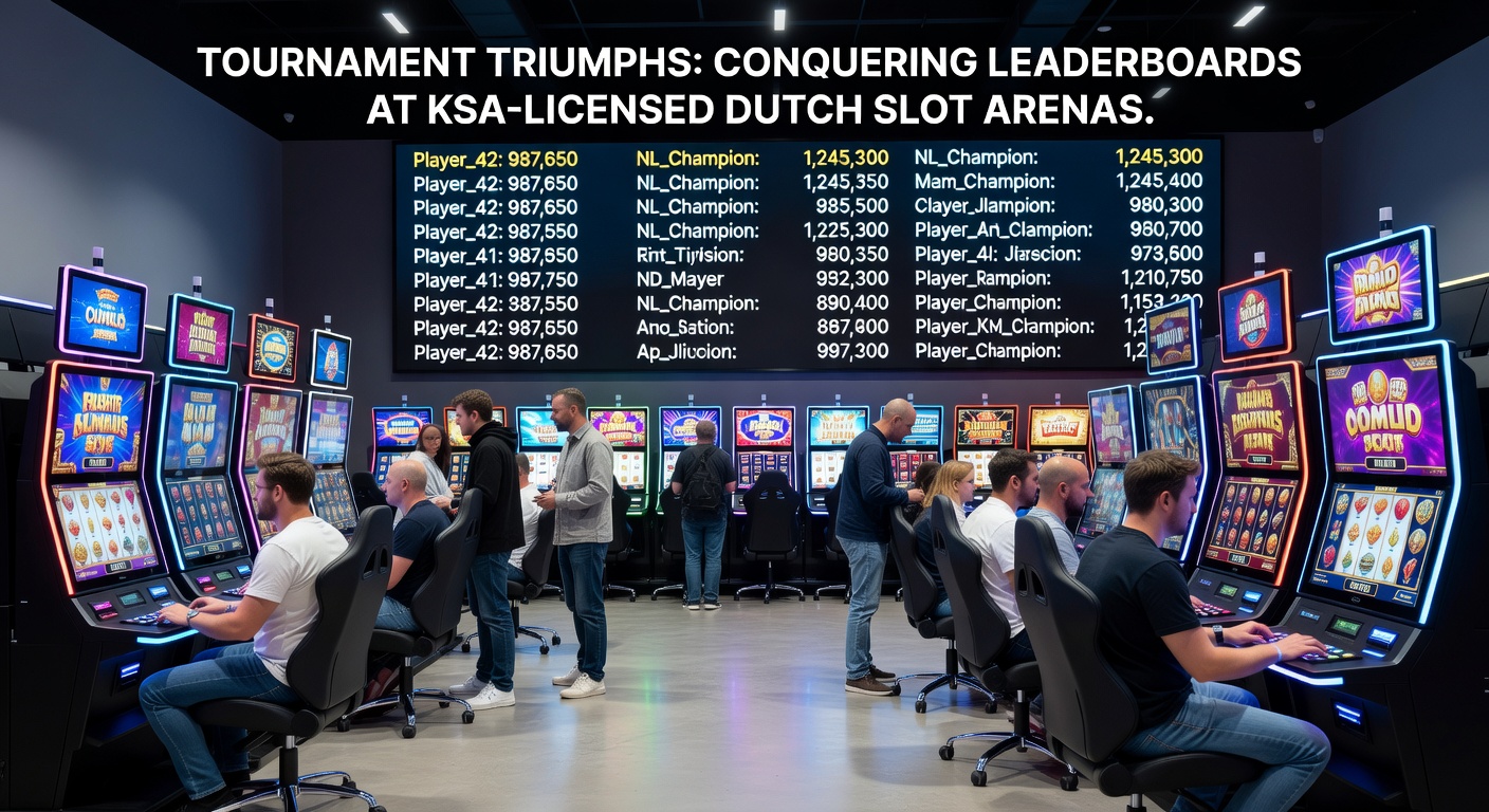 Dynamische weergave van een Nederlands slottoernooi met spelers die leaderboards beklimmen tijdens een live event
