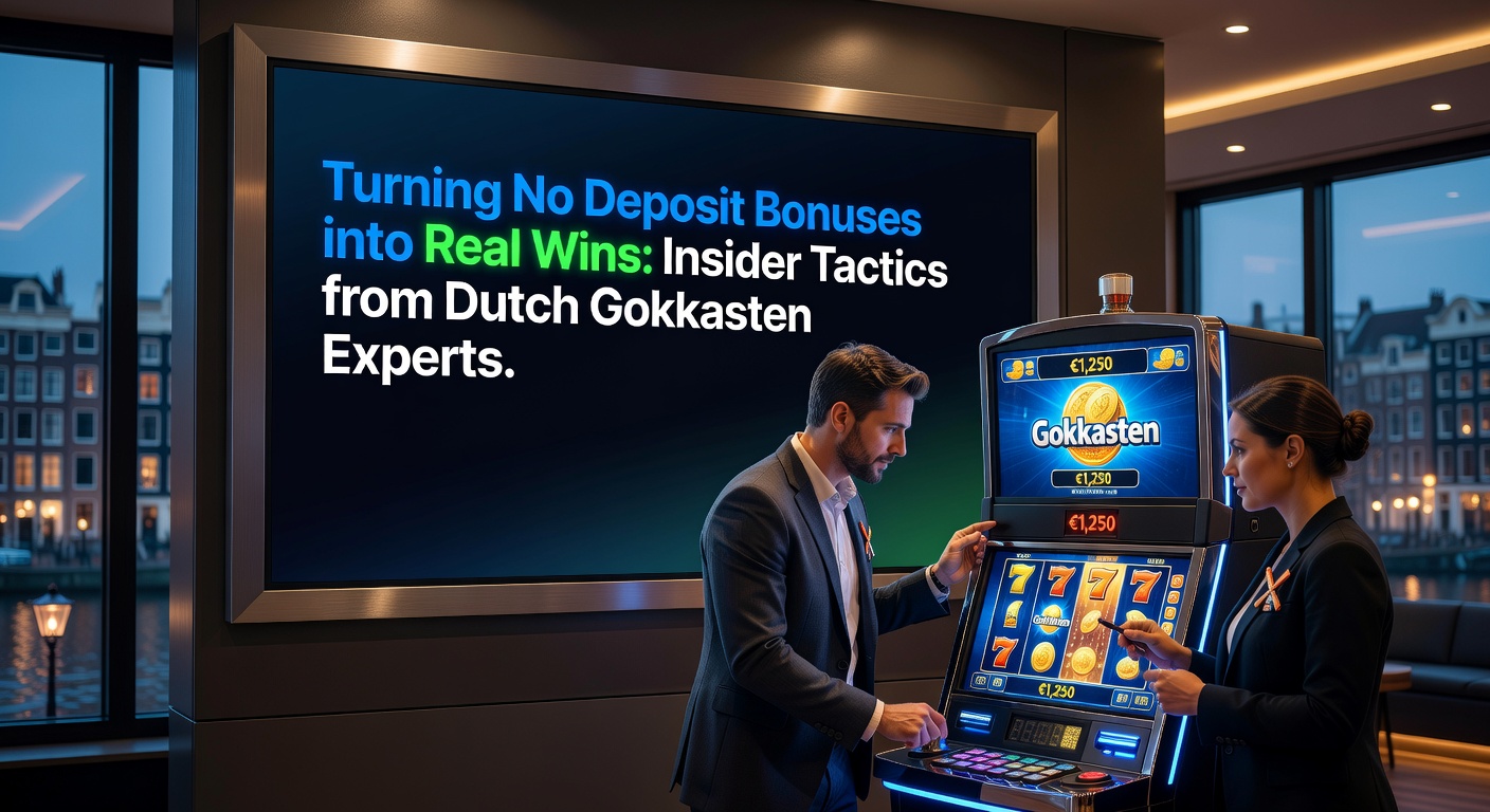 Nederlandse gokkasten expert analyseert no deposit bonus op een scherm met draaiende rollen en winlijnen