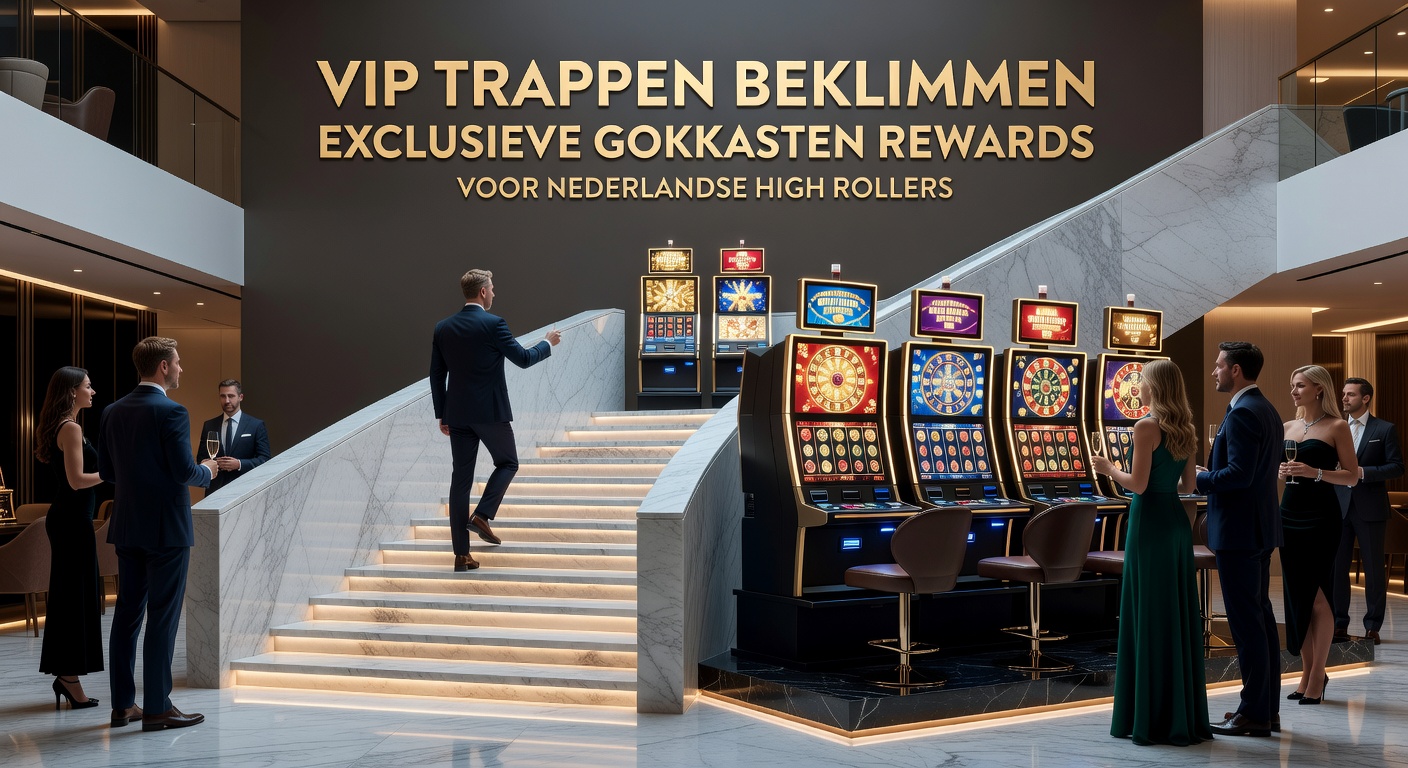 Een high roller beklimt een gouden VIP-trap in een luxe casino-omgeving met draaiende gokkasten en exclusieve rewards op de treden